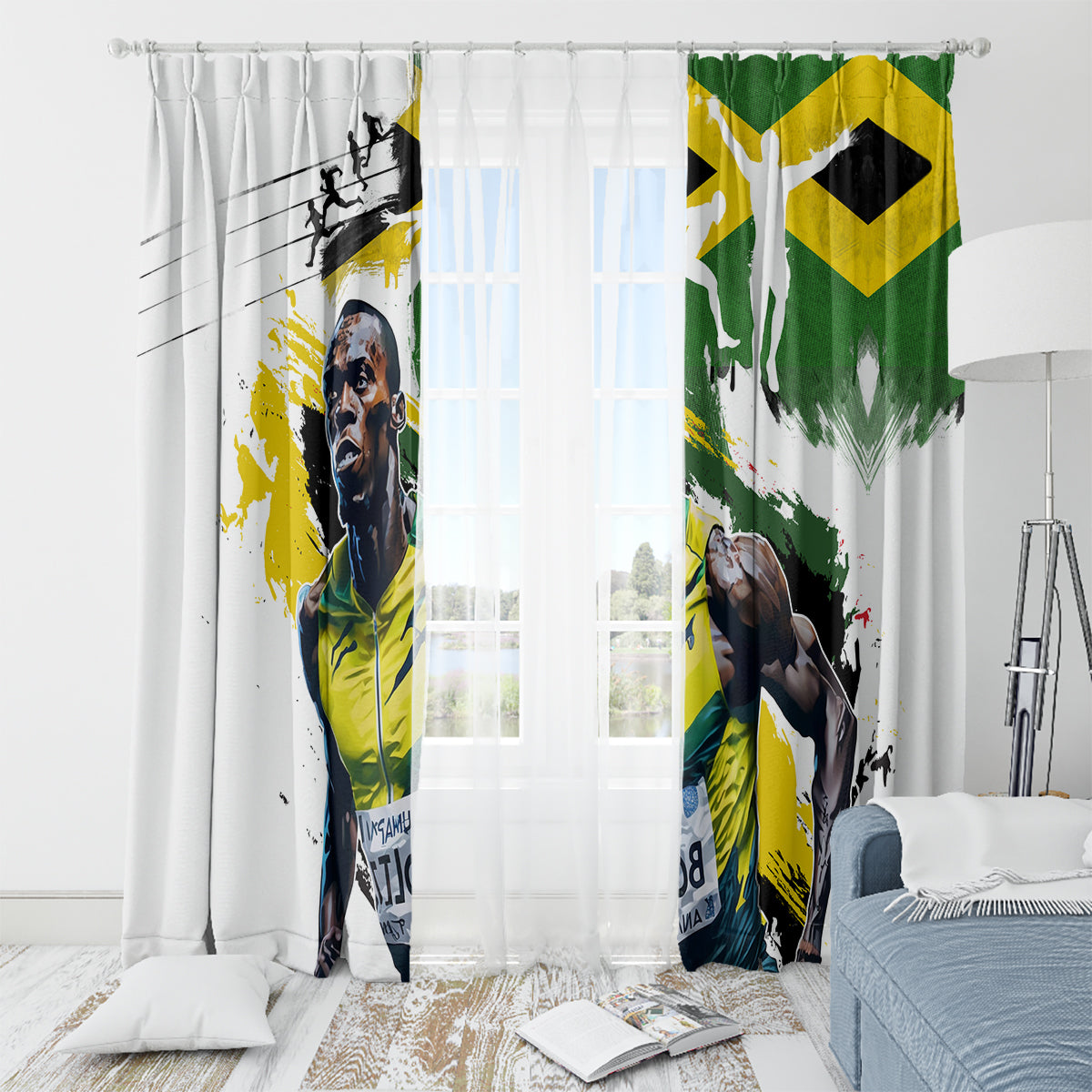 Jamaica flag print window curtains with white sheer background and two hanging panels