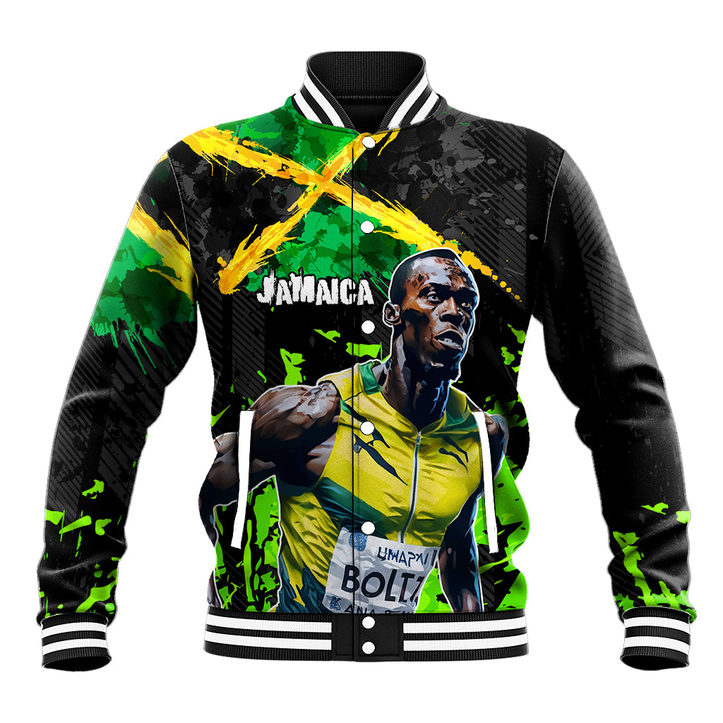 Unisex black baseball jacket with green-yellow lightning bolt graphic and snap front