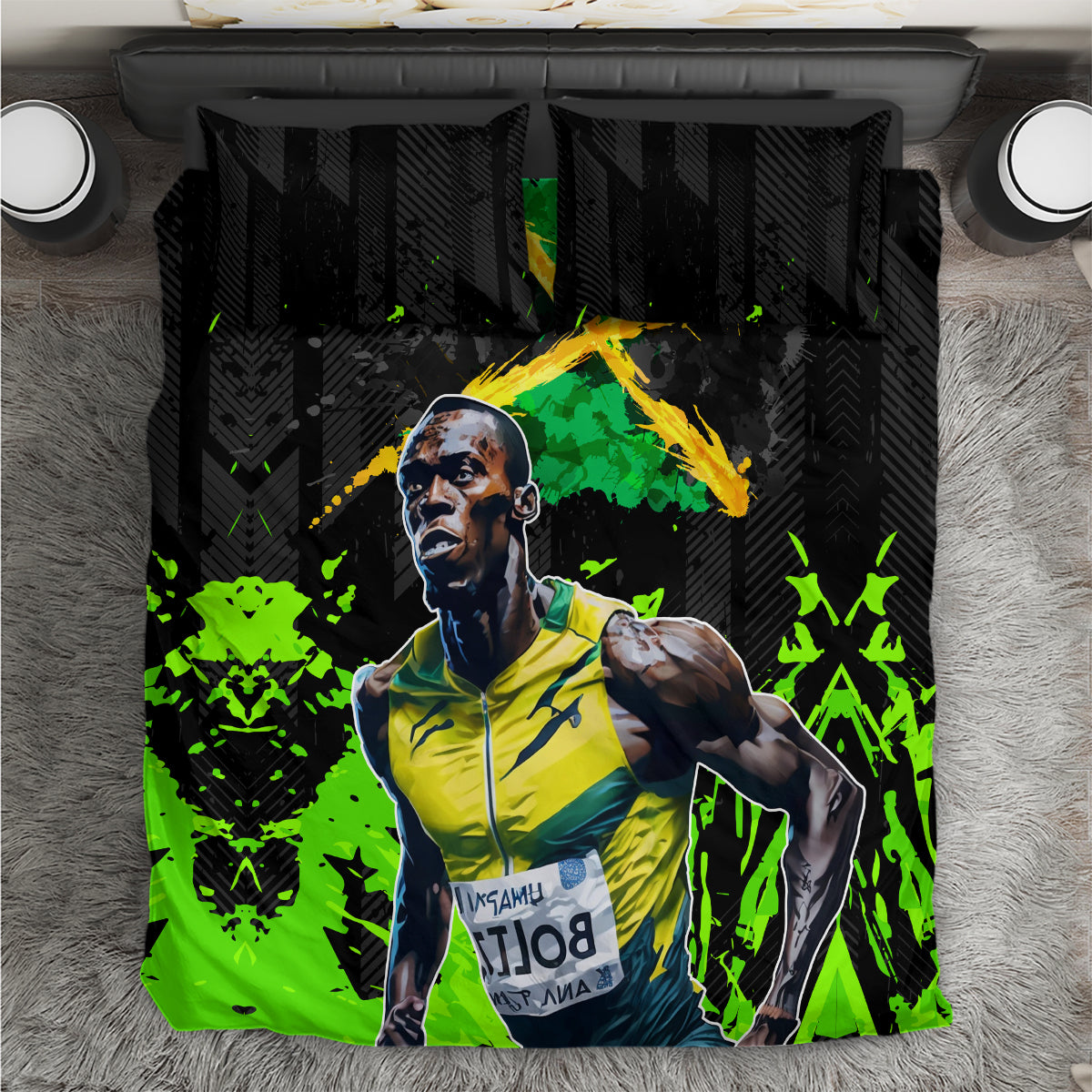 Black and neon green athlete lightning bolt bedding set, with matching pillow shams.