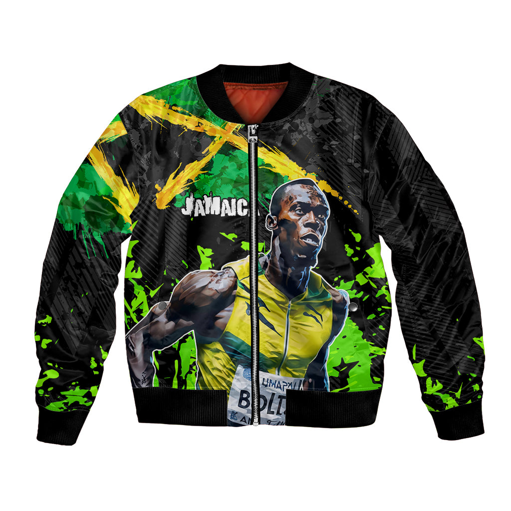 Unisex black bomber jacket with zip front and Jamaica green-yellow lightning graphic