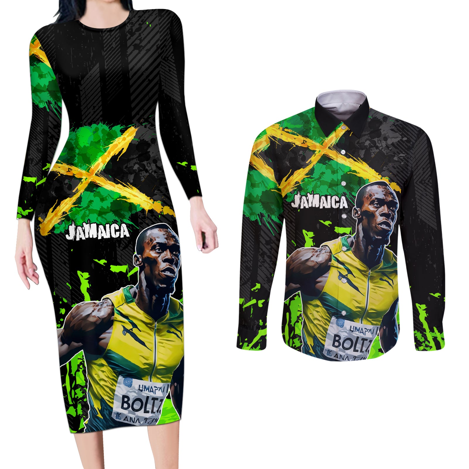 Jamaica Lightning Bolt Couples Matching Long Sleeve Bodycon Dress and Long Sleeve Button Shirt Proud of Jumieka Splash Style Black Color - Wonder Print Shop