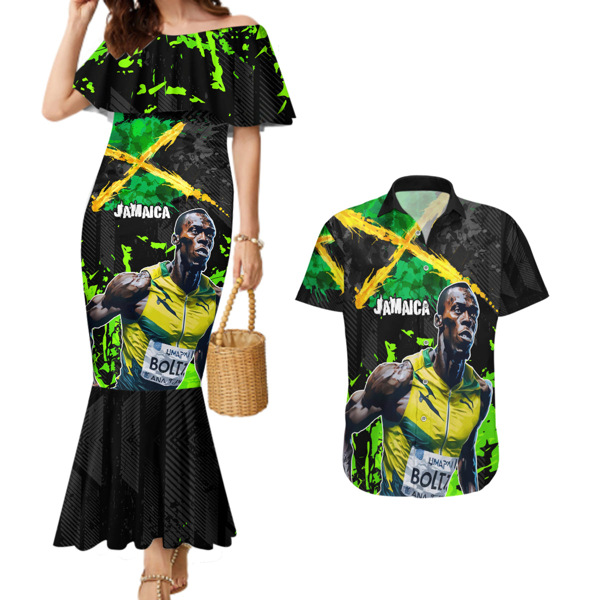 Jamaica Lightning Bolt Couples Matching Mermaid Dress and Hawaiian Shirt Proud of Jumieka Splash Style Black Color - Wonder Print Shop