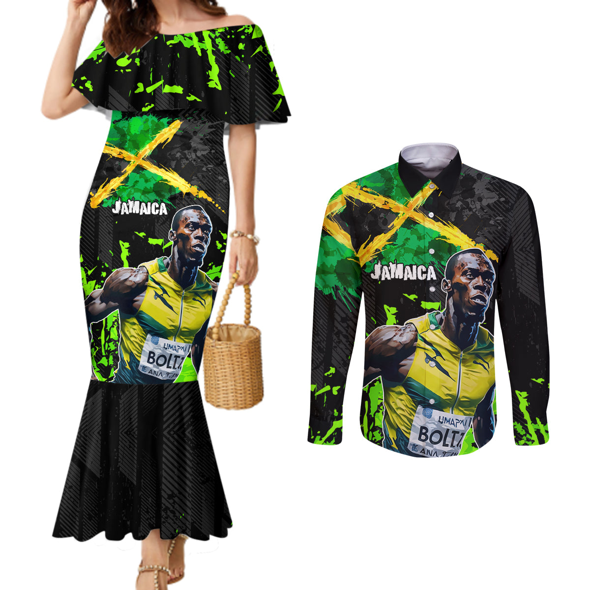 Jamaica Lightning Bolt Couples Matching Mermaid Dress and Long Sleeve Button Shirt Proud of Jumieka Splash Style Black Color