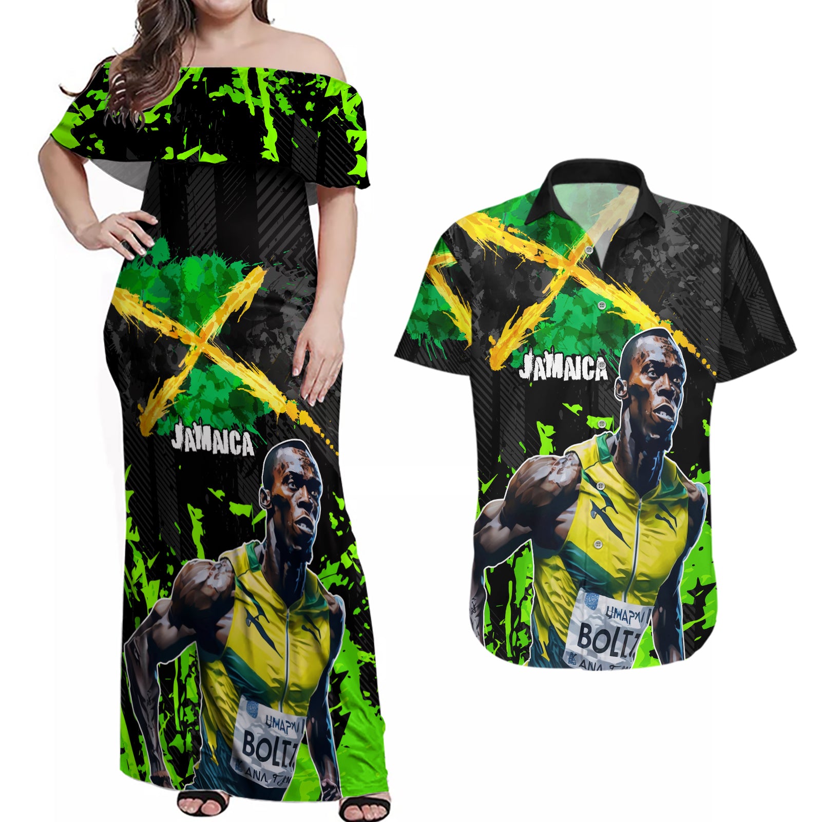 Jamaica Lightning Bolt Couples Matching Off Shoulder Maxi Dress and Hawaiian Shirt Proud of Jumieka Splash Style Black Color - Wonder Print Shop