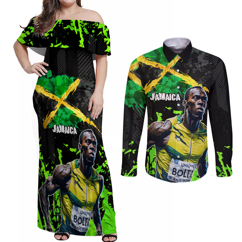 Jamaica Lightning Bolt Couples Matching Off Shoulder Maxi Dress and Long Sleeve Button Shirt Proud of Jumieka Splash Style Black Color - Wonder Print Shop