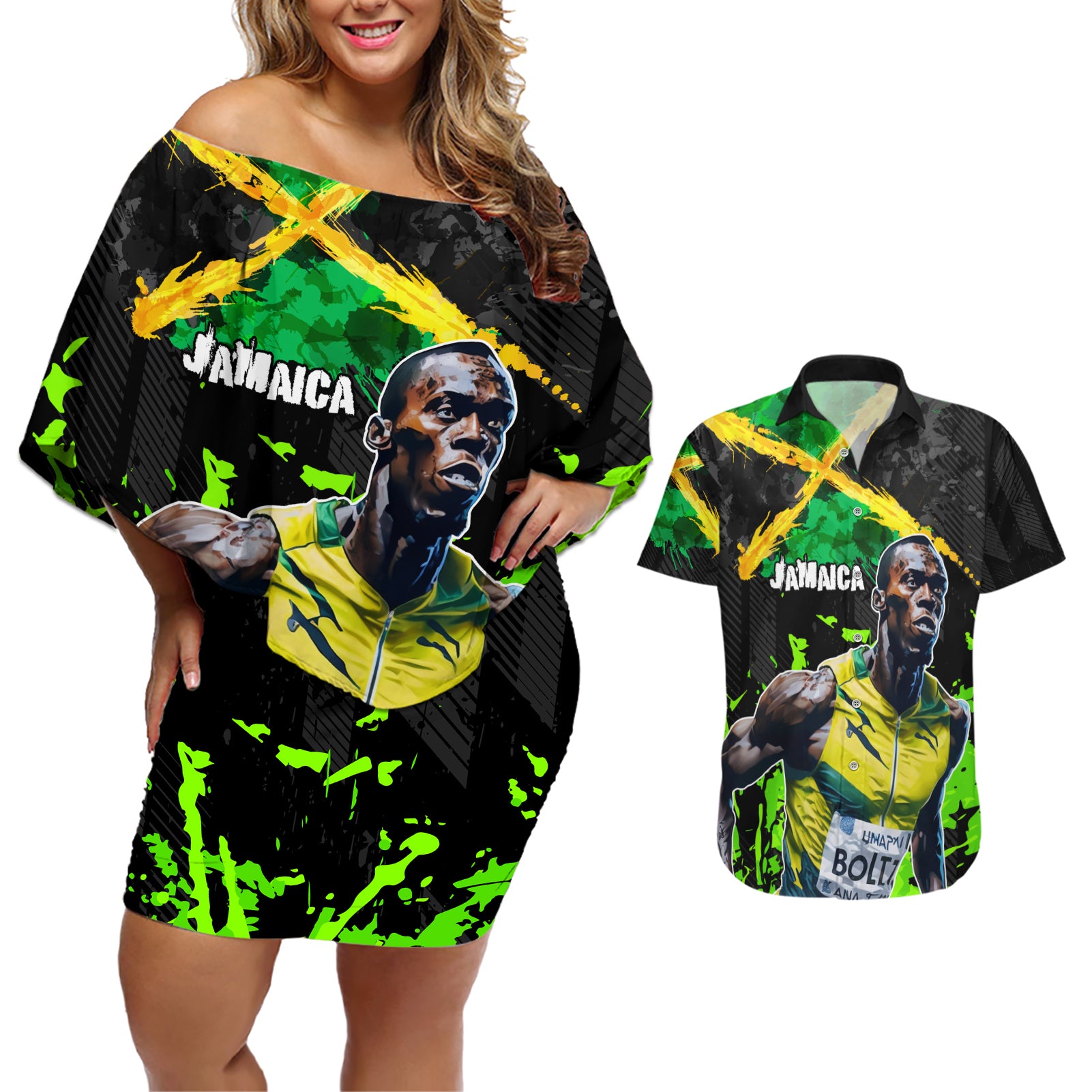 Jamaica Lightning Bolt Couples Matching Off Shoulder Short Dress and Hawaiian Shirt Proud of Jumieka Splash Style Black Color - Wonder Print Shop