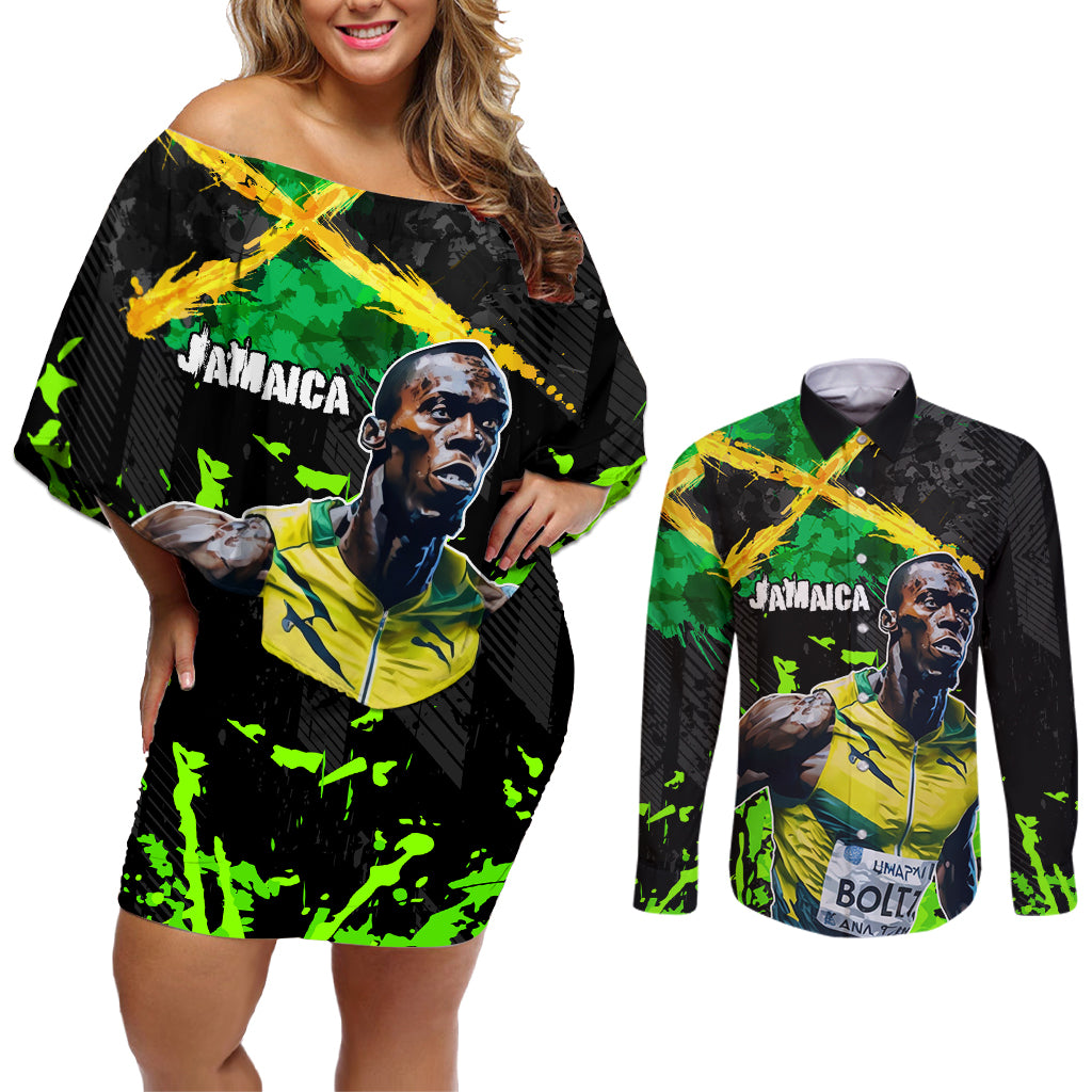 Jamaica Lightning Bolt Couples Matching Off Shoulder Short Dress and Long Sleeve Button Shirt Proud of Jumieka Splash Style Black Color - Wonder Print Shop