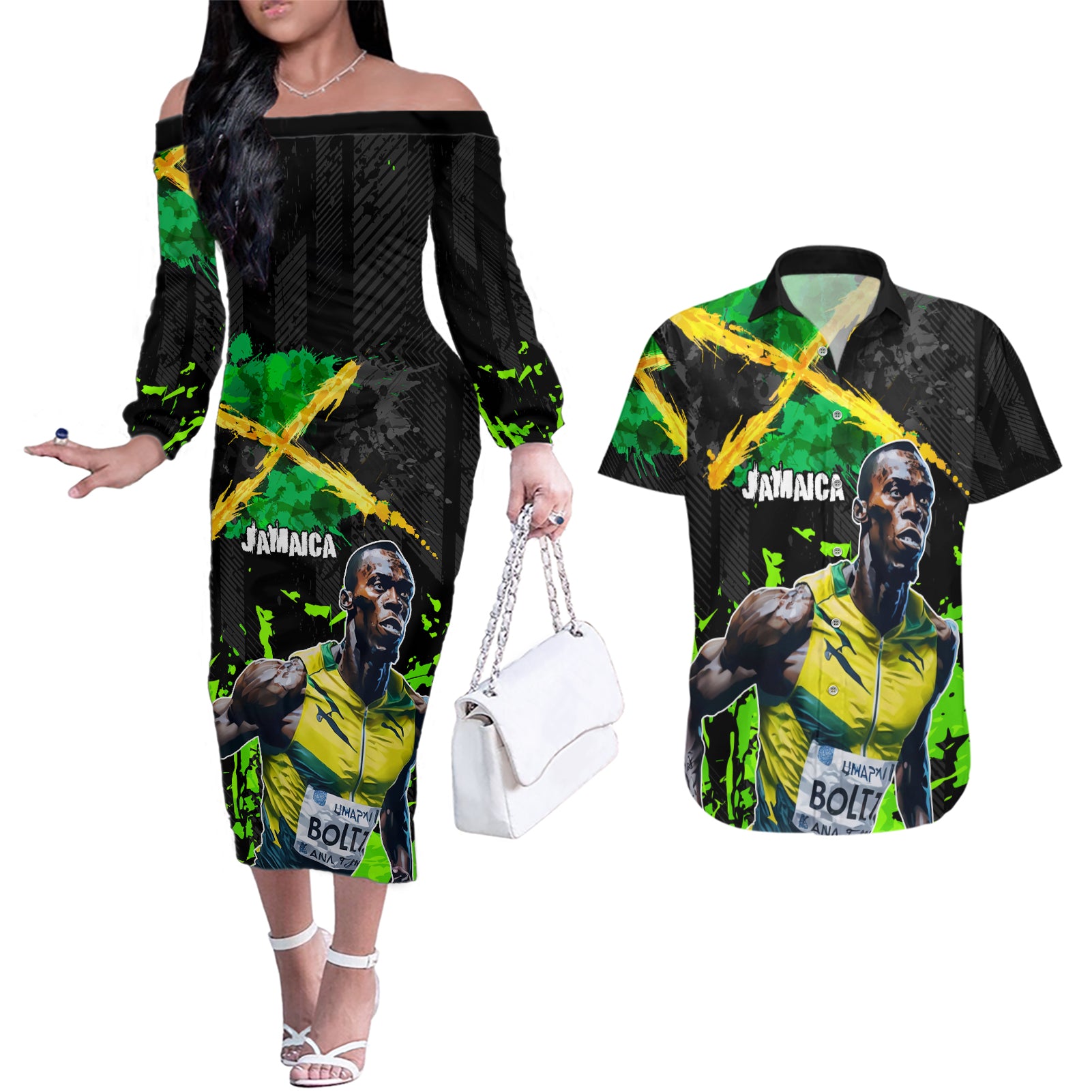 Jamaica Lightning Bolt Couples Matching Off The Shoulder Long Sleeve Dress and Hawaiian Shirt Proud of Jumieka Splash Style Black Color - Wonder Print Shop