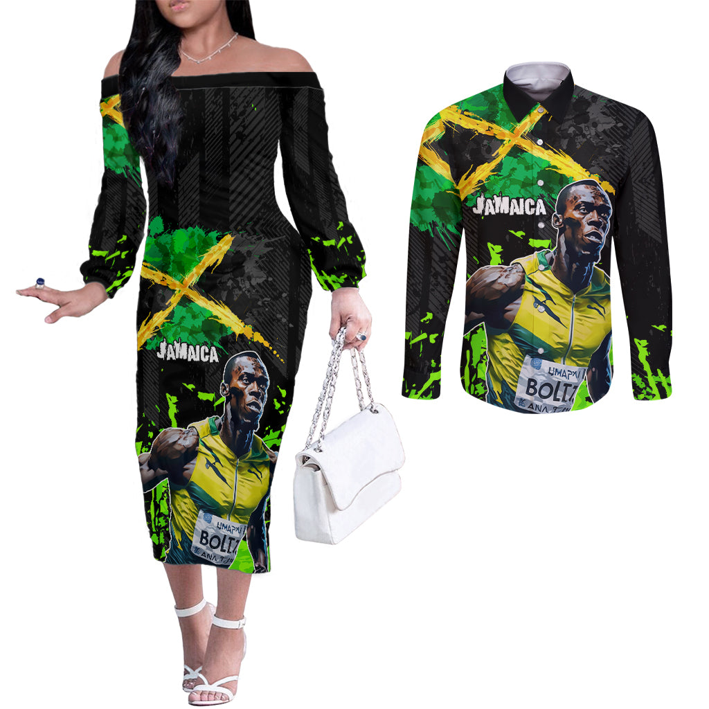 Jamaica Lightning Bolt Couples Matching Off The Shoulder Long Sleeve Dress and Long Sleeve Button Shirt Proud of Jumieka Splash Style Black Color