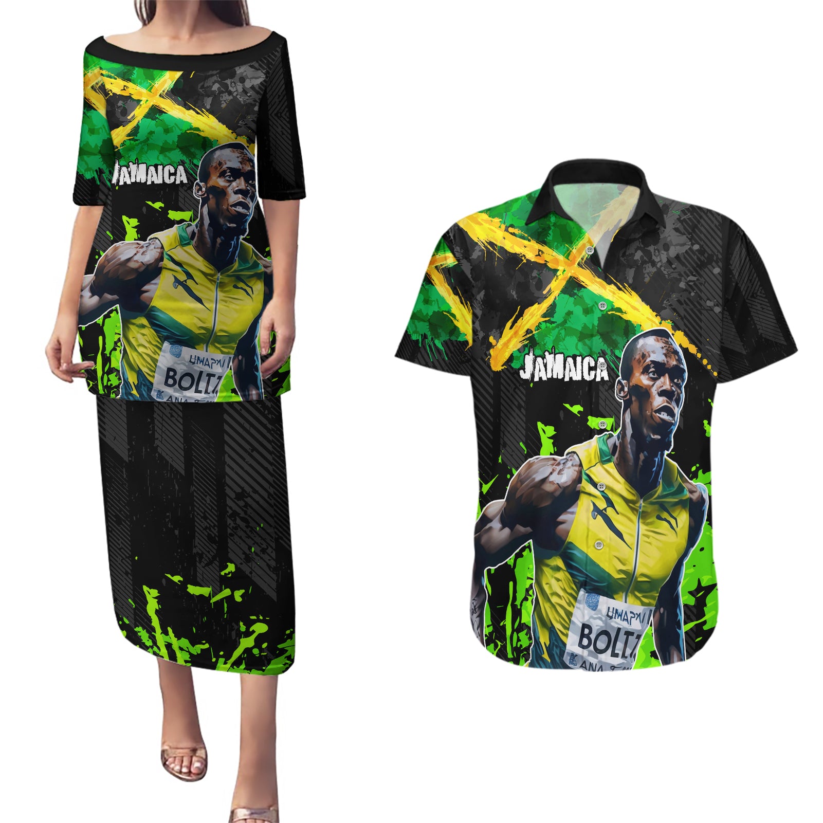 Jamaica Lightning Bolt Couples Matching Puletasi and Hawaiian Shirt Proud of Jumieka Splash Style Black Color - Wonder Print Shop