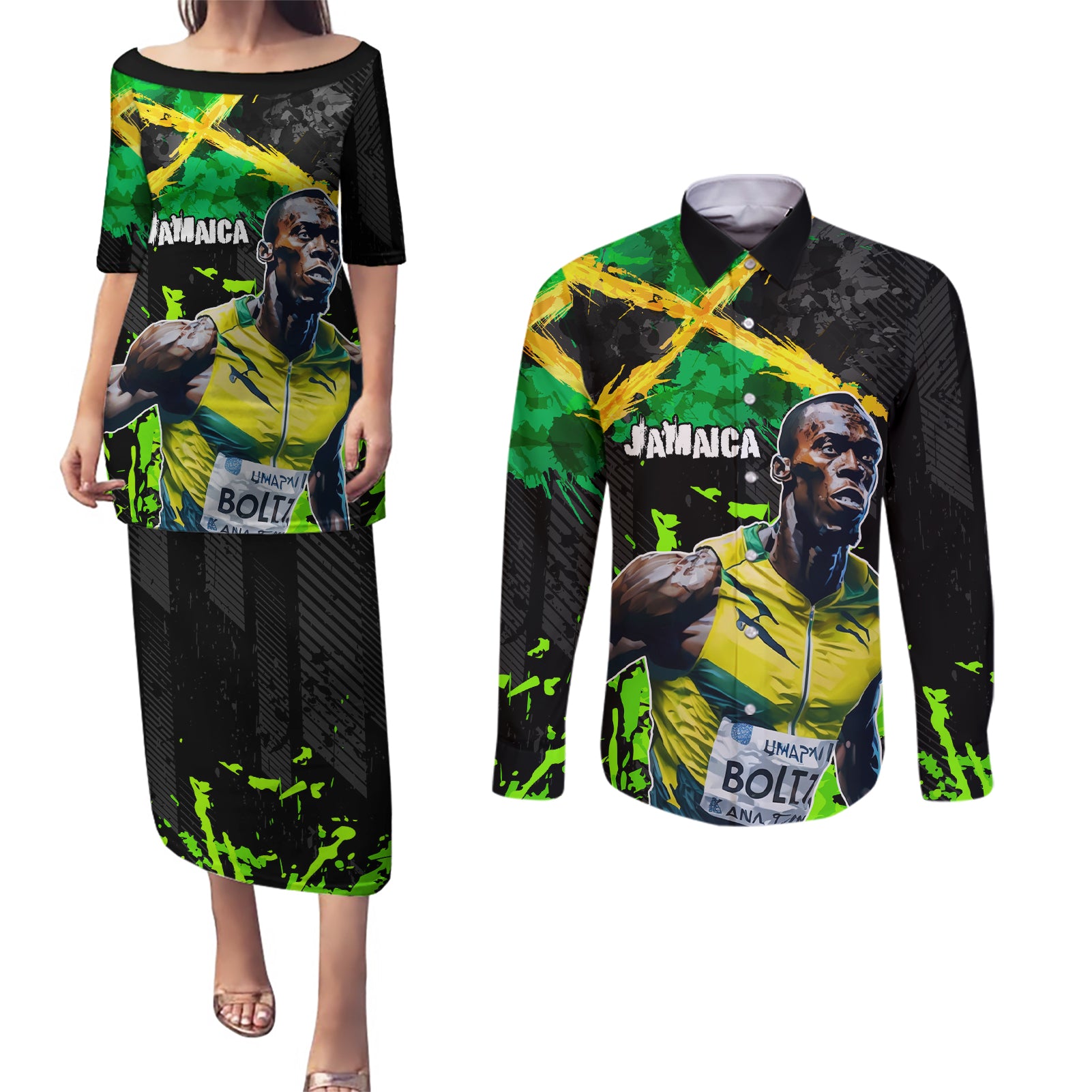 Jamaica Lightning Bolt Couples Matching Puletasi and Long Sleeve Button Shirt Proud of Jumieka Splash Style Black Color - Wonder Print Shop