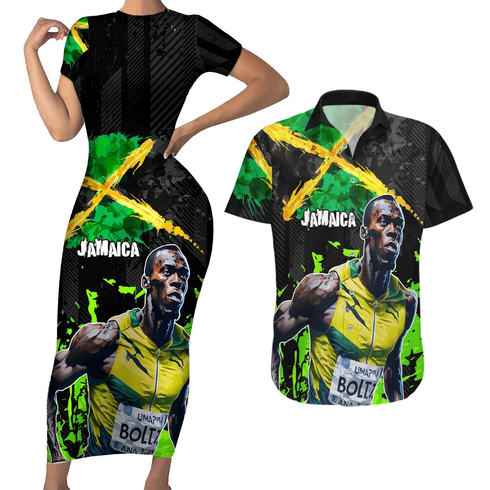 Jamaica Lightning Bolt Couples Matching Short Sleeve Bodycon Dress and Hawaiian Shirt Proud of Jumieka Splash Style Black Color - Wonder Print Shop