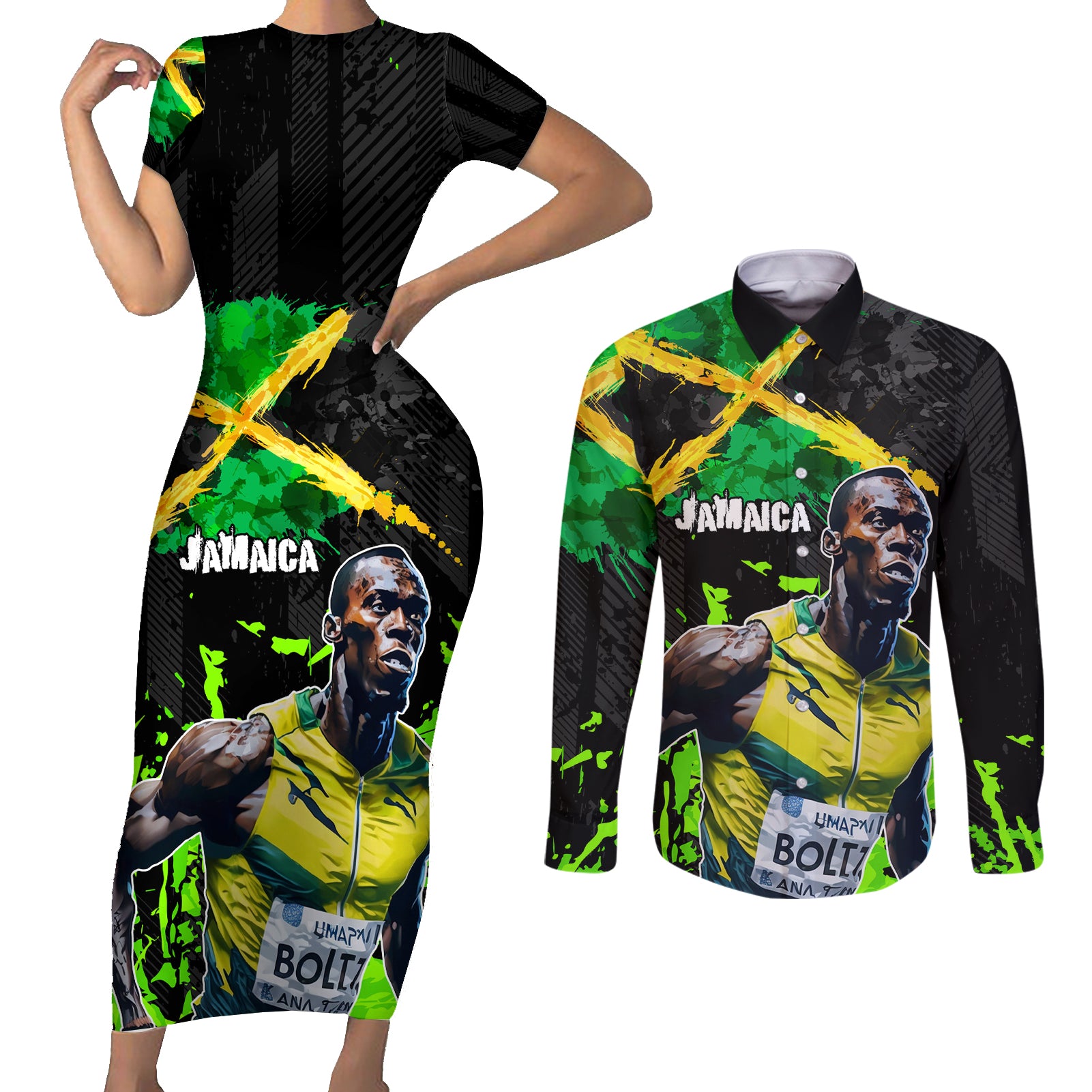 Jamaica Lightning Bolt Couples Matching Short Sleeve Bodycon Dress and Long Sleeve Button Shirt Proud of Jumieka Splash Style Black Color - Wonder Print Shop