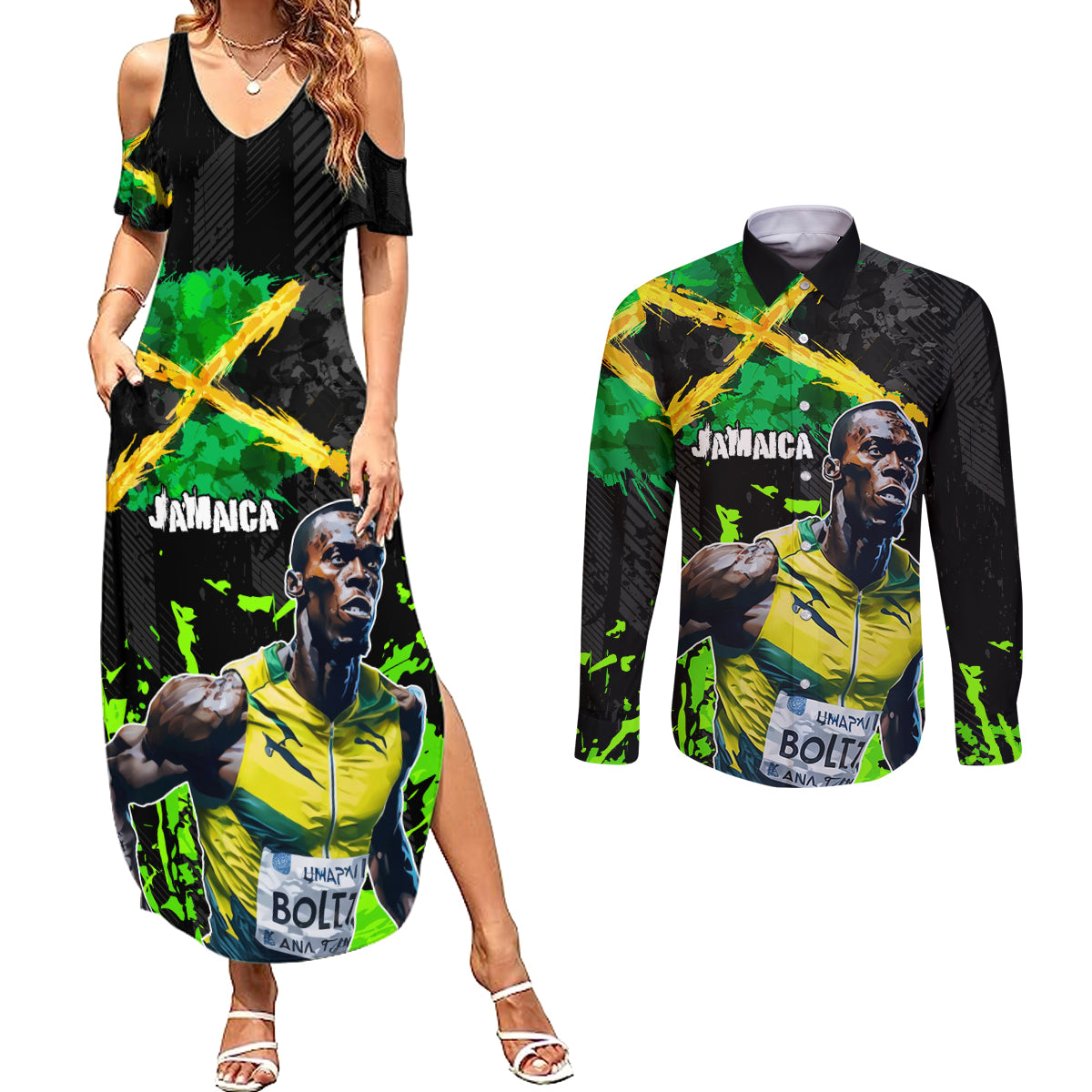 Jamaica Lightning Bolt Couples Matching Summer Maxi Dress and Long Sleeve Button Shirt Proud of Jumieka Splash Style Black Color - Wonder Print Shop