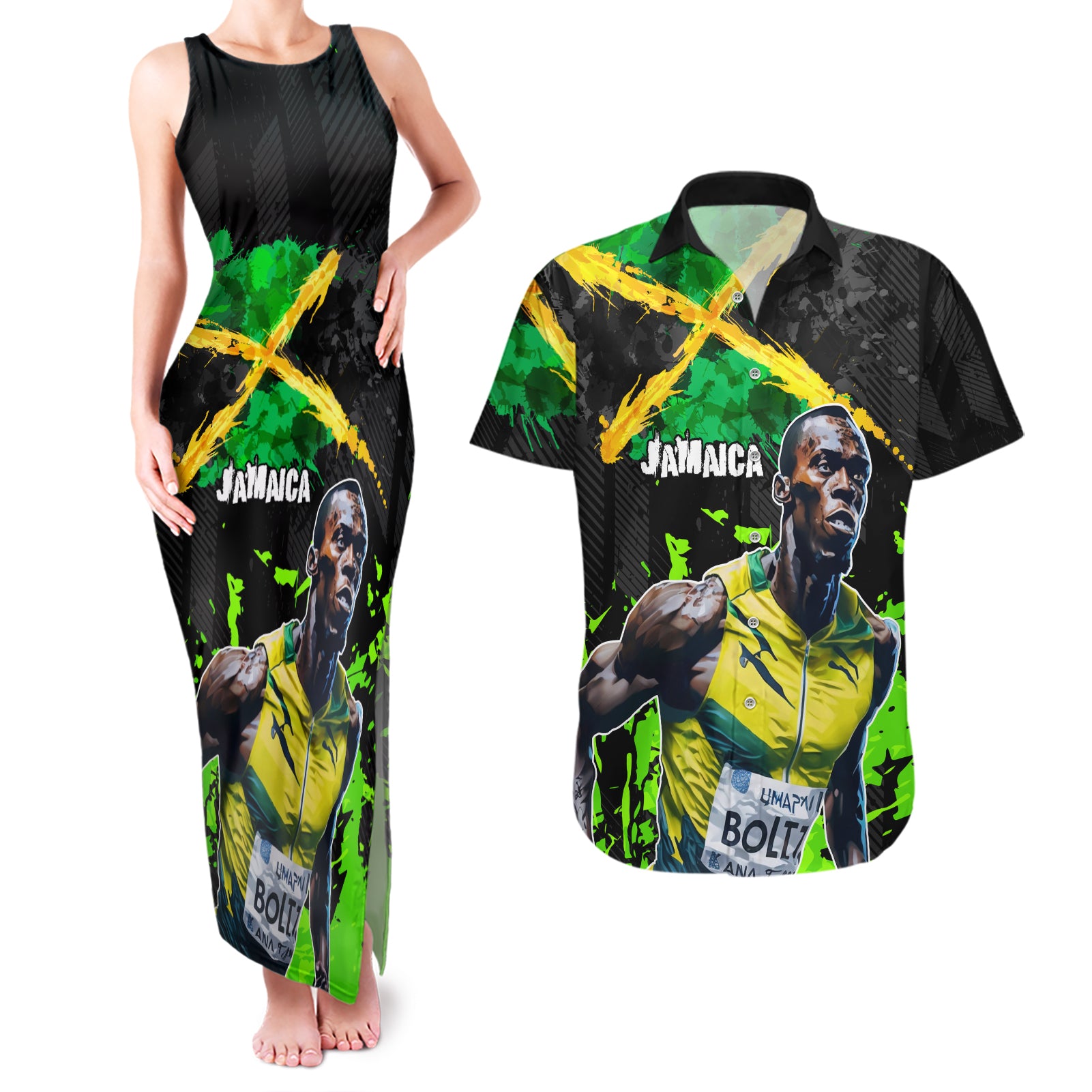 Jamaica Lightning Bolt Couples Matching Tank Maxi Dress and Hawaiian Shirt Proud of Jumieka Splash Style Black Color - Wonder Print Shop