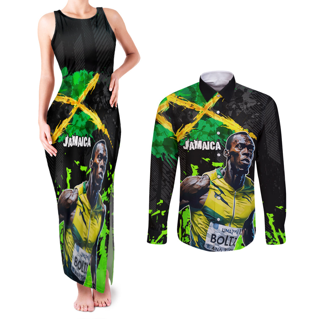 Jamaica Lightning Bolt Couples Matching Tank Maxi Dress and Long Sleeve Button Shirt Proud of Jumieka Splash Style Black Color - Wonder Print Shop