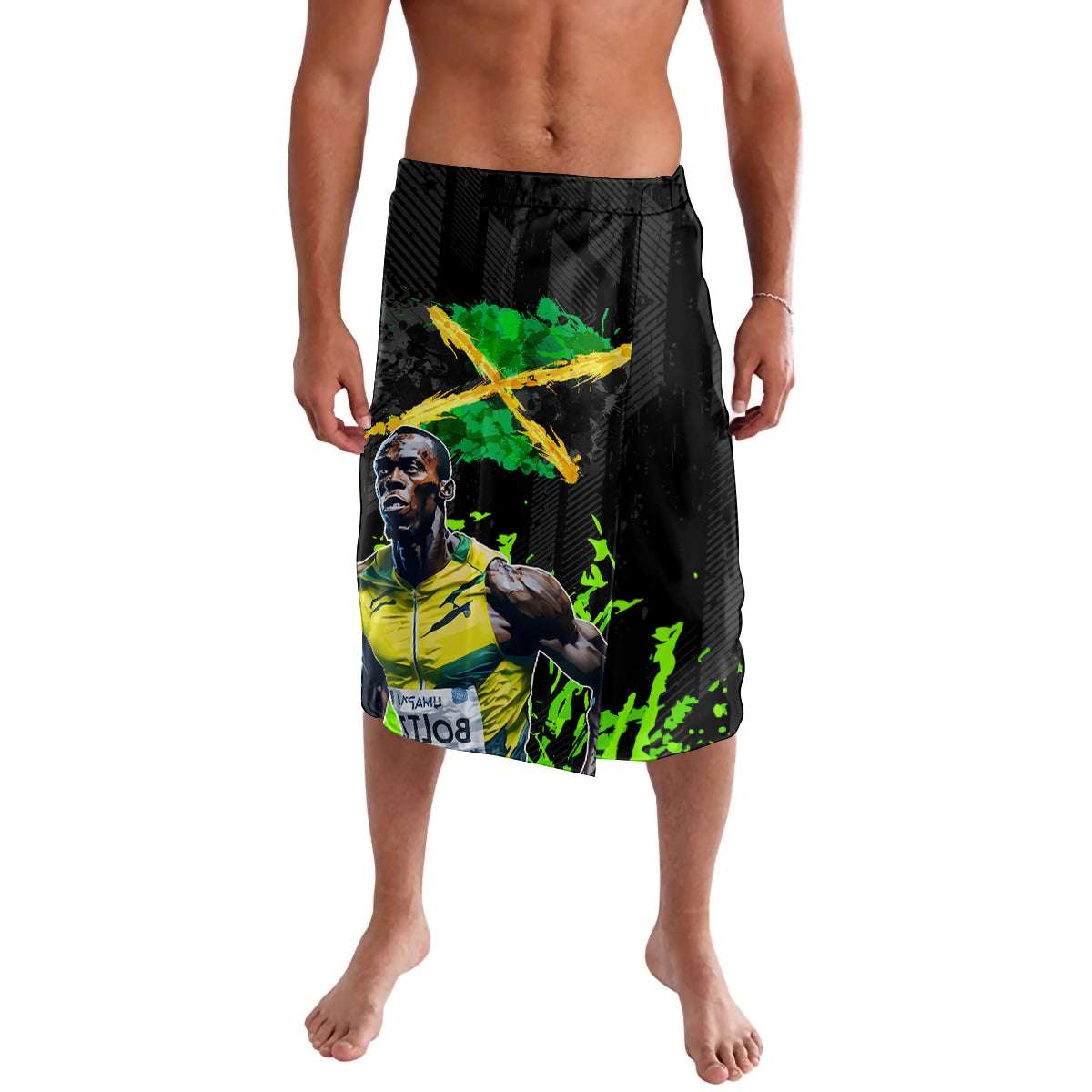 Black graphic board shorts with green lightning bolt and splash artwork, elastic waistband