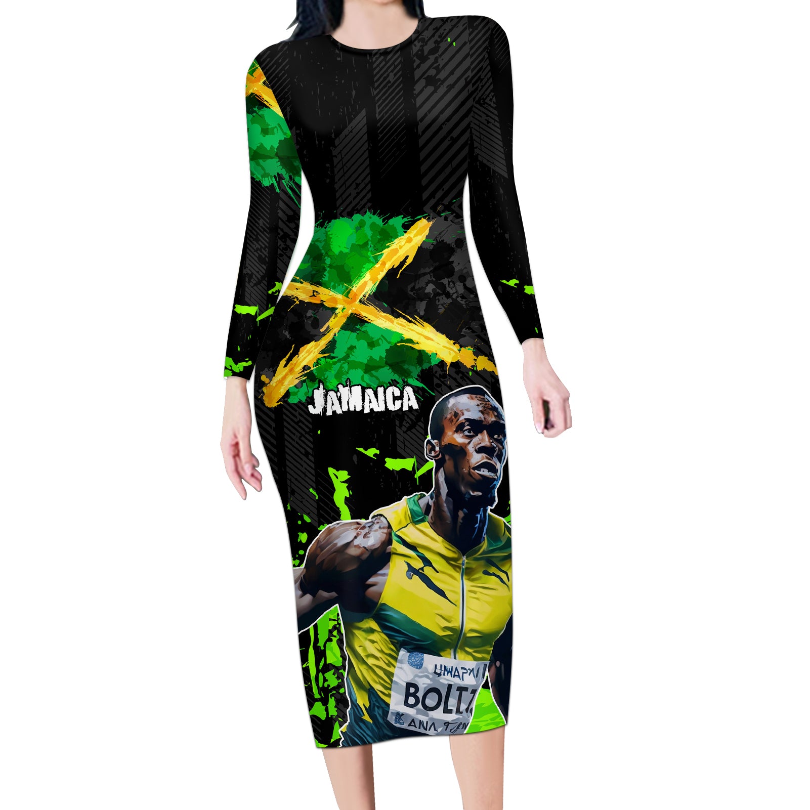 Jamaica Lightning Bolt Long Sleeve Bodycon Dress Proud of Jumieka Splash Style Black Color