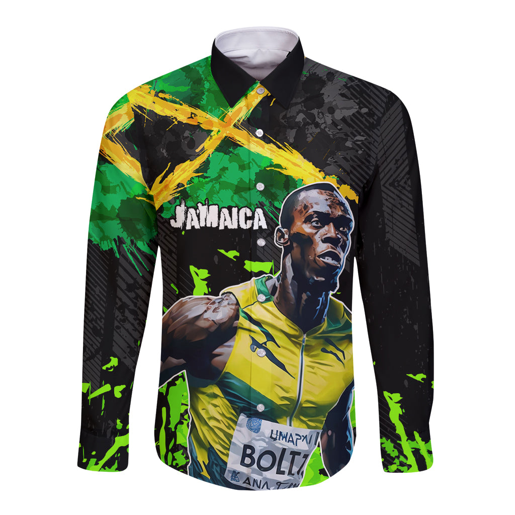 Black long-sleeve button shirt with Jamaica lightning bolt and portrait graphic.