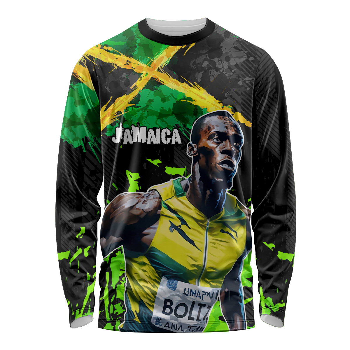 Unisex long sleeve shirt, black with green-yellow lightning bolt and Jamaican portrait graphic
