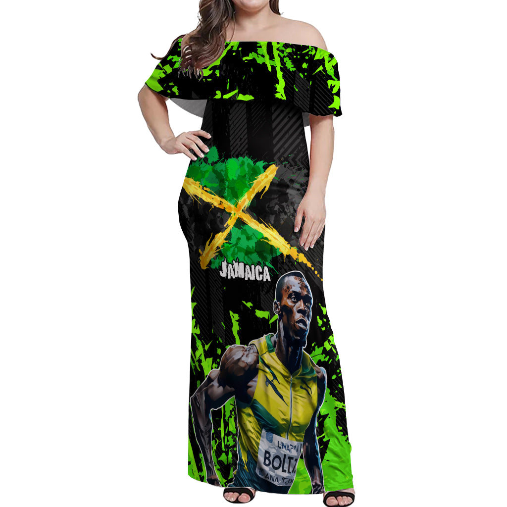 Jamaica Lightning Bolt Off Shoulder Maxi Dress Proud of Jumieka Splash Style Black Color