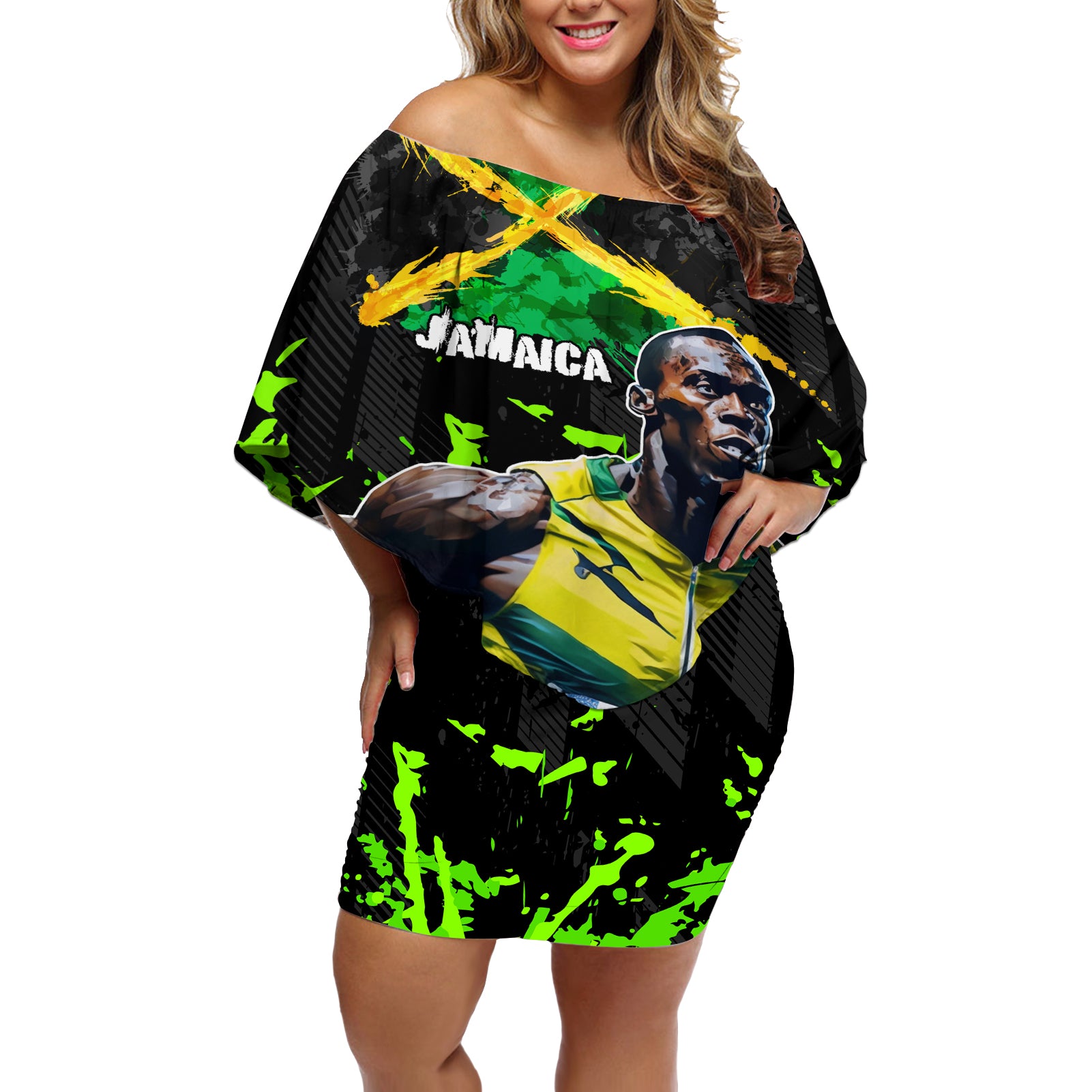 Jamaica Lightning Bolt Off Shoulder Short Dress Proud of Jumieka Splash Style Black Color