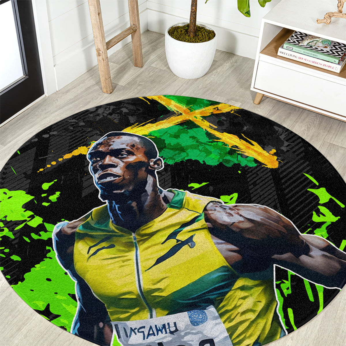 Black round rug with green-yellow splash lightning bolt and athlete portrait