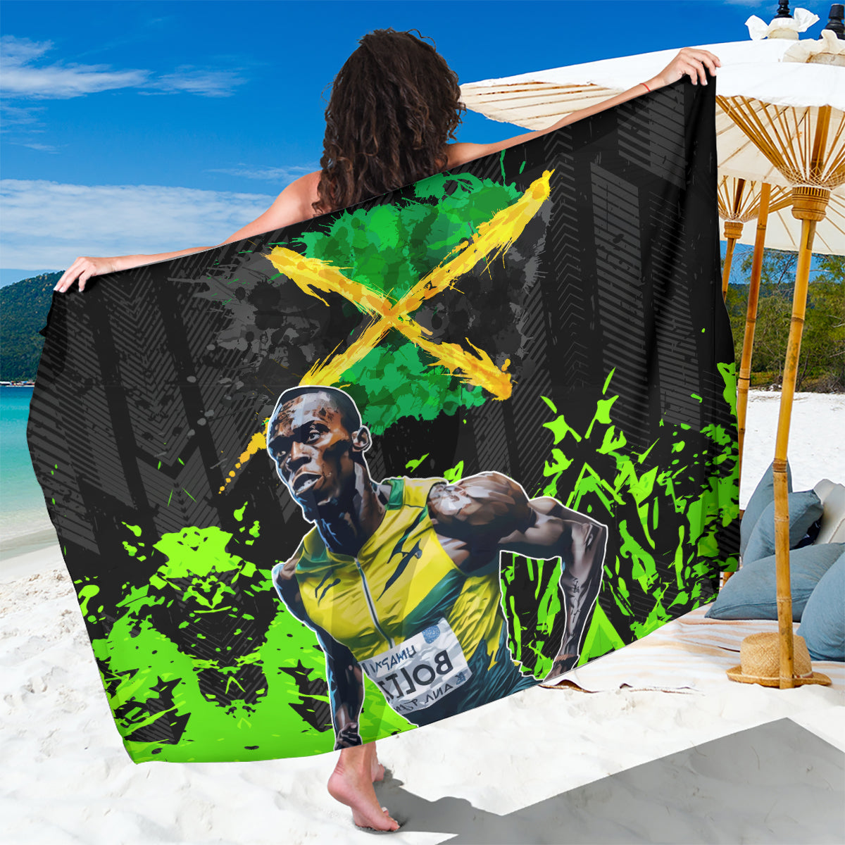 Black sarong with neon green and yellow lightning bolt splash print, draped wrap