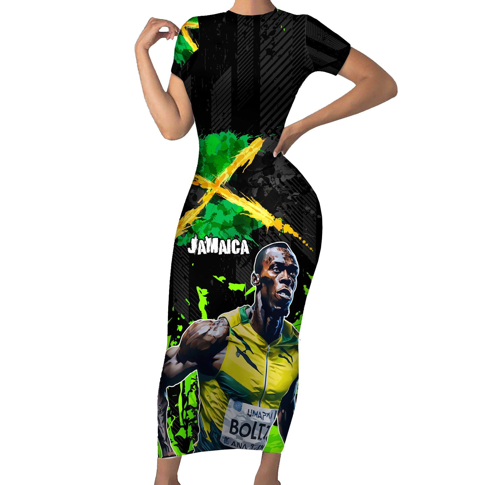 Jamaica Lightning Bolt Short Sleeve Bodycon Dress Proud of Jumieka Splash Style Black Color