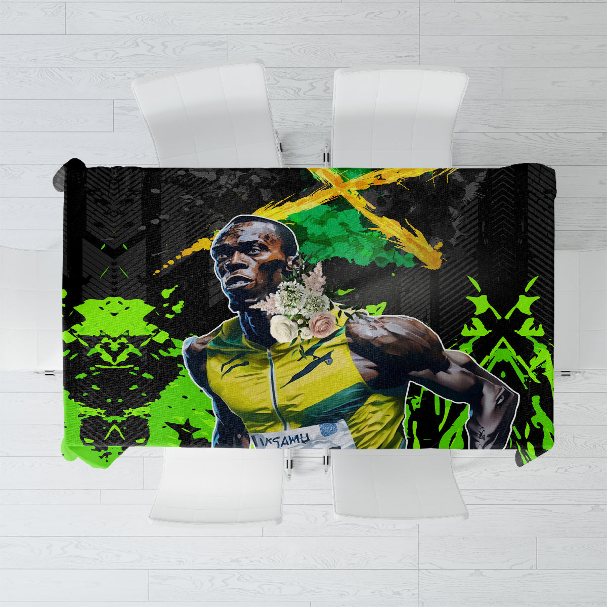 Black lightning bolt tablecloth with neon green splatter and character print