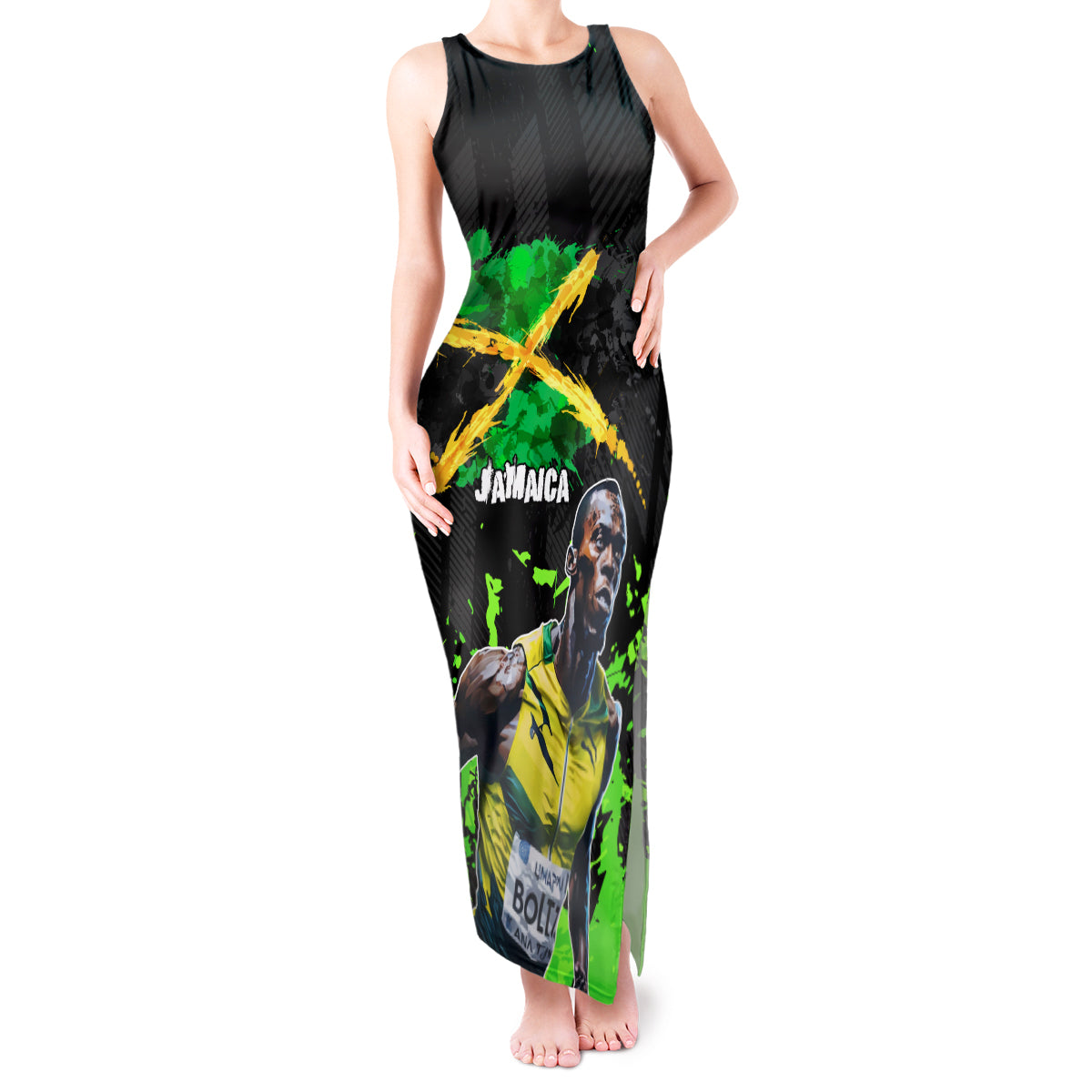 Jamaica Lightning Bolt Tank Maxi Dress Proud of Jumieka Splash Style Black Color