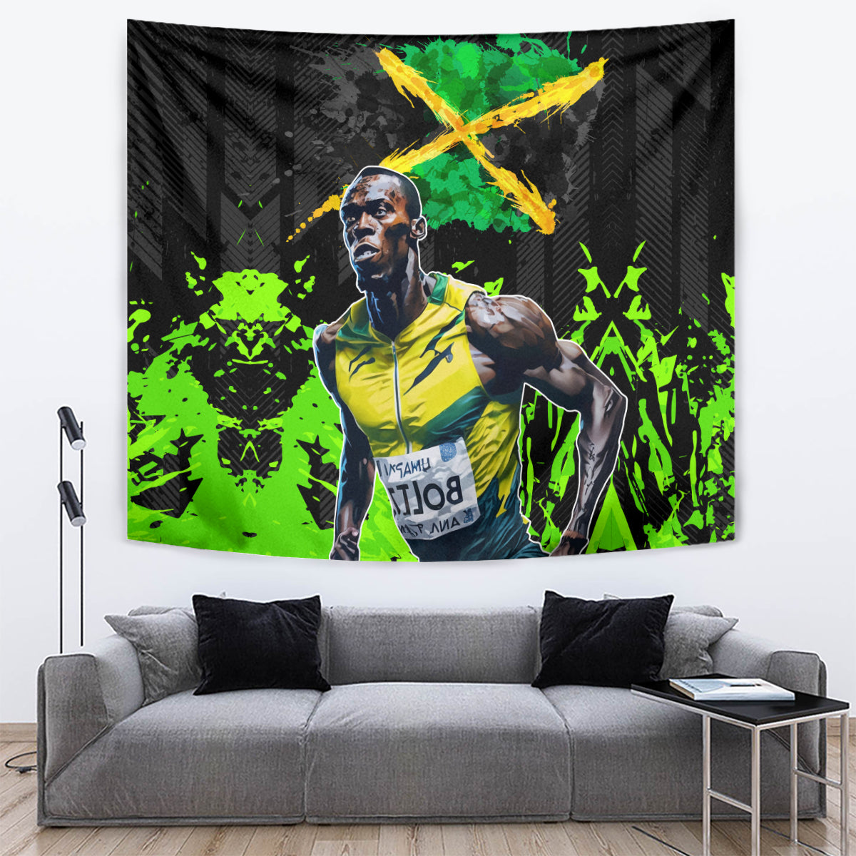 Black tapestry with neon green runner scene and yellow lightning bolt on black fabric