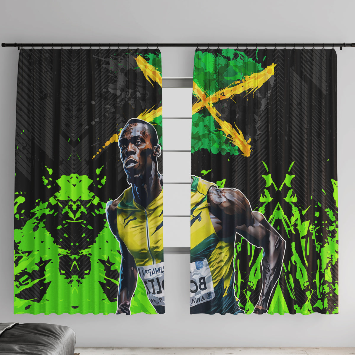 Black window curtain pair with green splatter and yellow lightning bolt portrait graphic