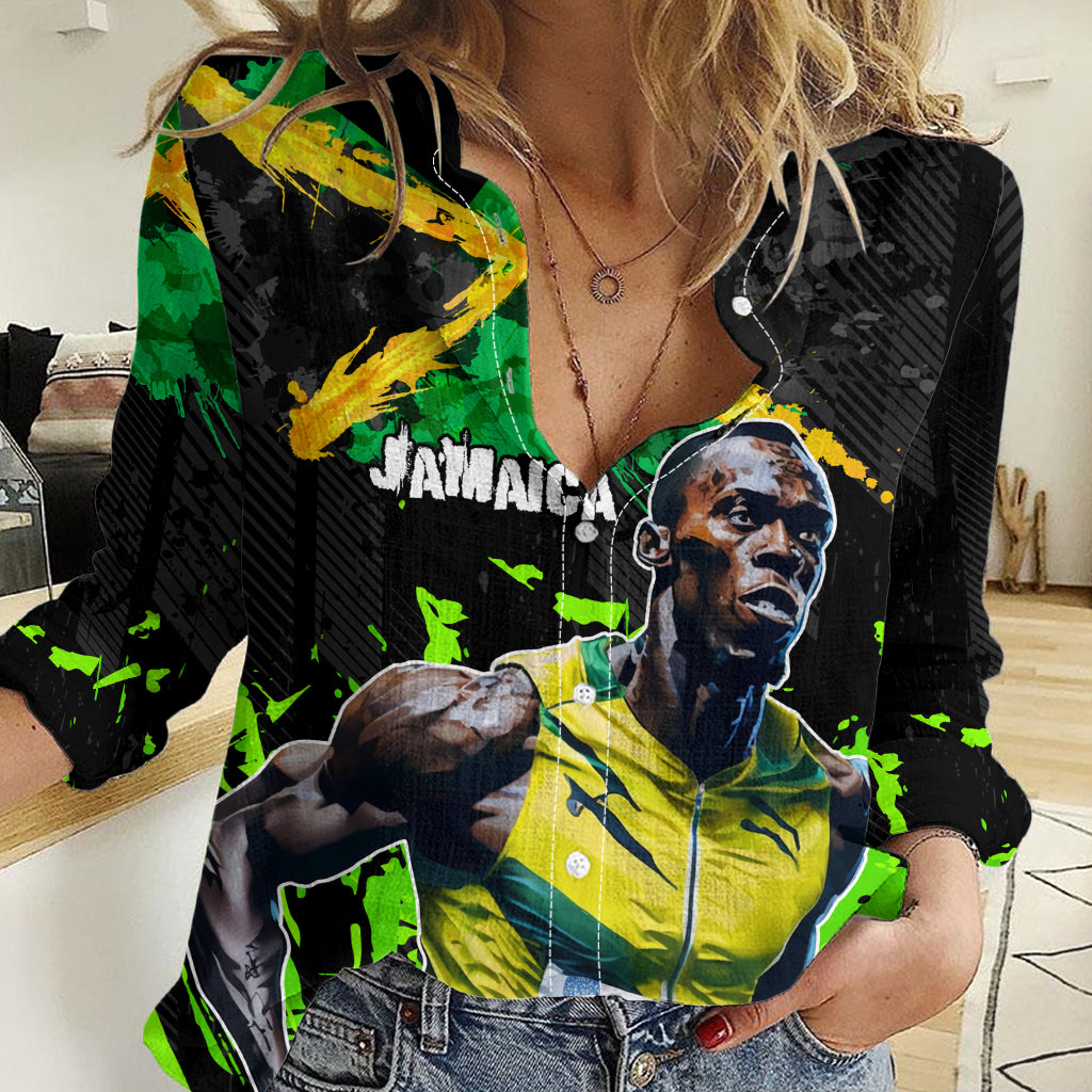 Jamaica Lightning Bolt Women Casual Shirt Proud of Jumieka Splash Style Black Color