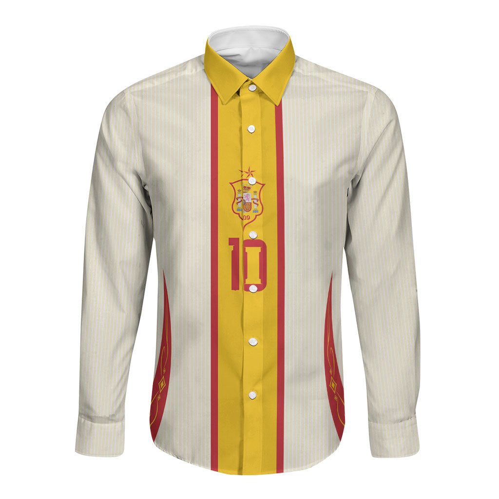 Custom Spain National Football Long Sleeve Button Shirt Pinstripe Flag with Royal Crest