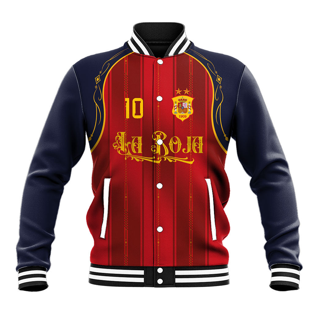Custom Spain La Roja Football Baseball Jacket Gothic Typography Royal Crest Pinstripe