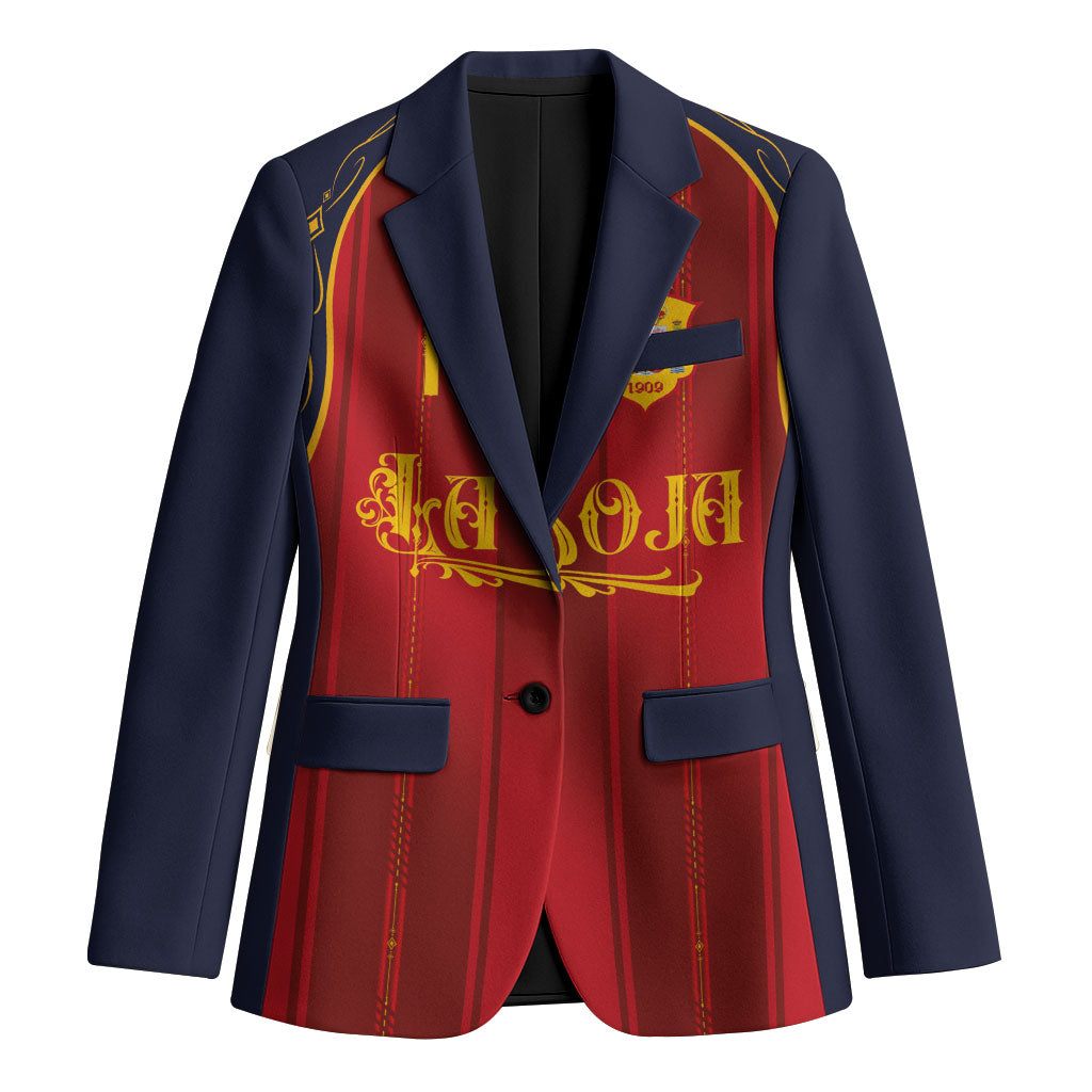 Custom Spain La Roja Football Blazer Gothic Typography Royal Crest Pinstripe