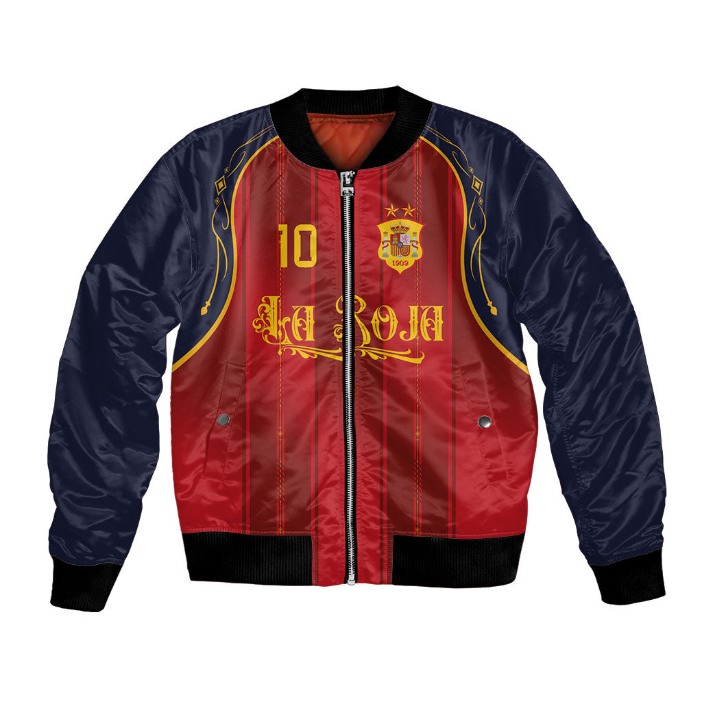 Custom Spain La Roja Football Bomber Jacket Gothic Typography Royal Crest Pinstripe
