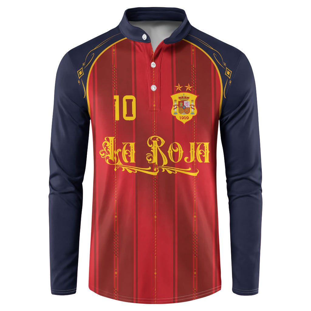 Custom Spain La Roja Football Button Sweatshirt Gothic Typography Royal Crest Pinstripe