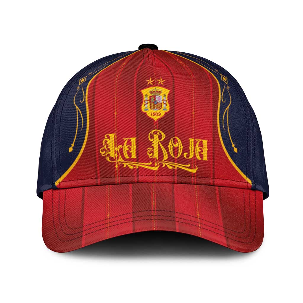 Spain La Roja Football Classic Cap Vintage Gothic Typography And Royal Crest Pinstripe Design