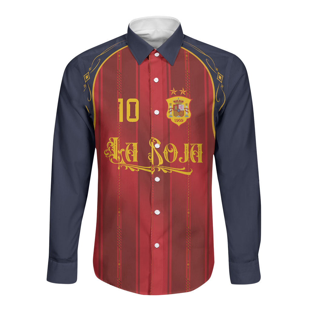 Custom Spain La Roja Football Long Sleeve Button Shirt Gothic Typography Royal Crest Pinstripe