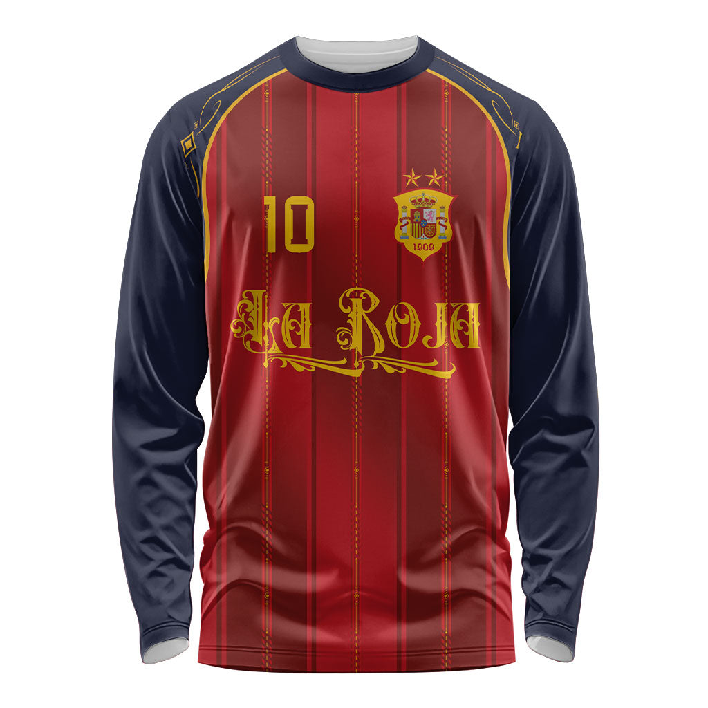 Custom Spain La Roja Football Long Sleeve Shirt Gothic Typography Royal Crest Pinstripe