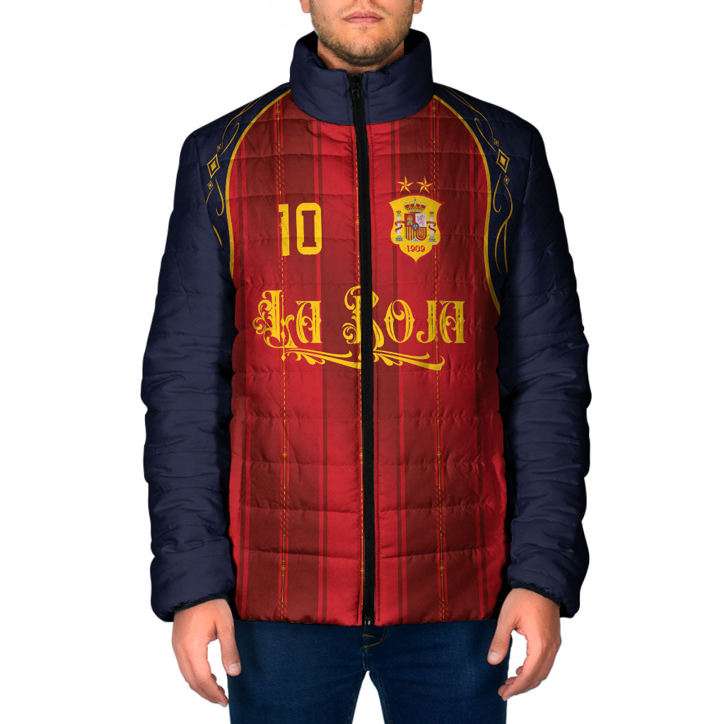 Custom Spain La Roja Football Padded Jacket Gothic Typography Royal Crest Pinstripe