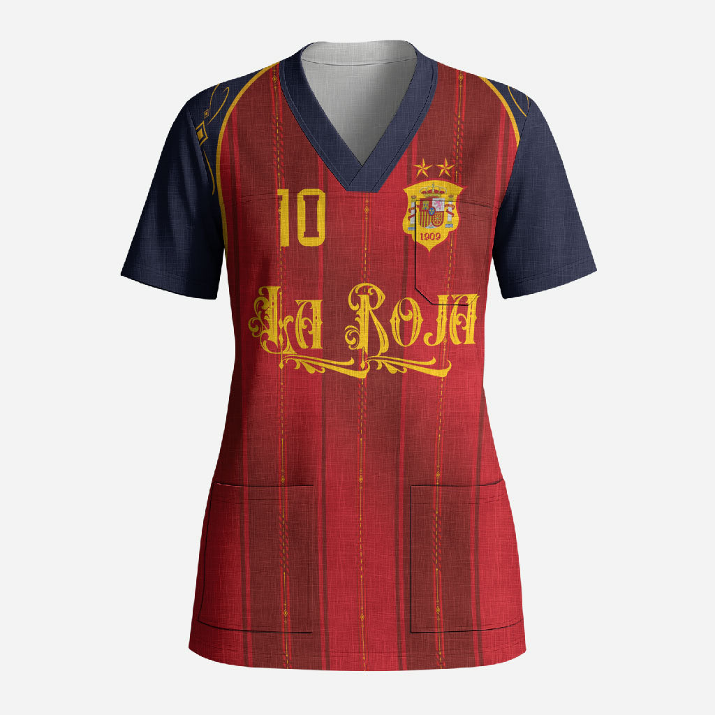 Custom Spain La Roja Football Scrub Top Gothic Typography Royal Crest Pinstripe