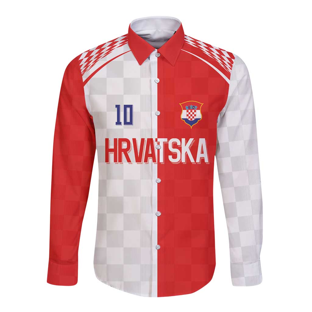 Custom Croatia Hrvatska Football Long Sleeve Button Shirt Halftone Checkerboard National Crest