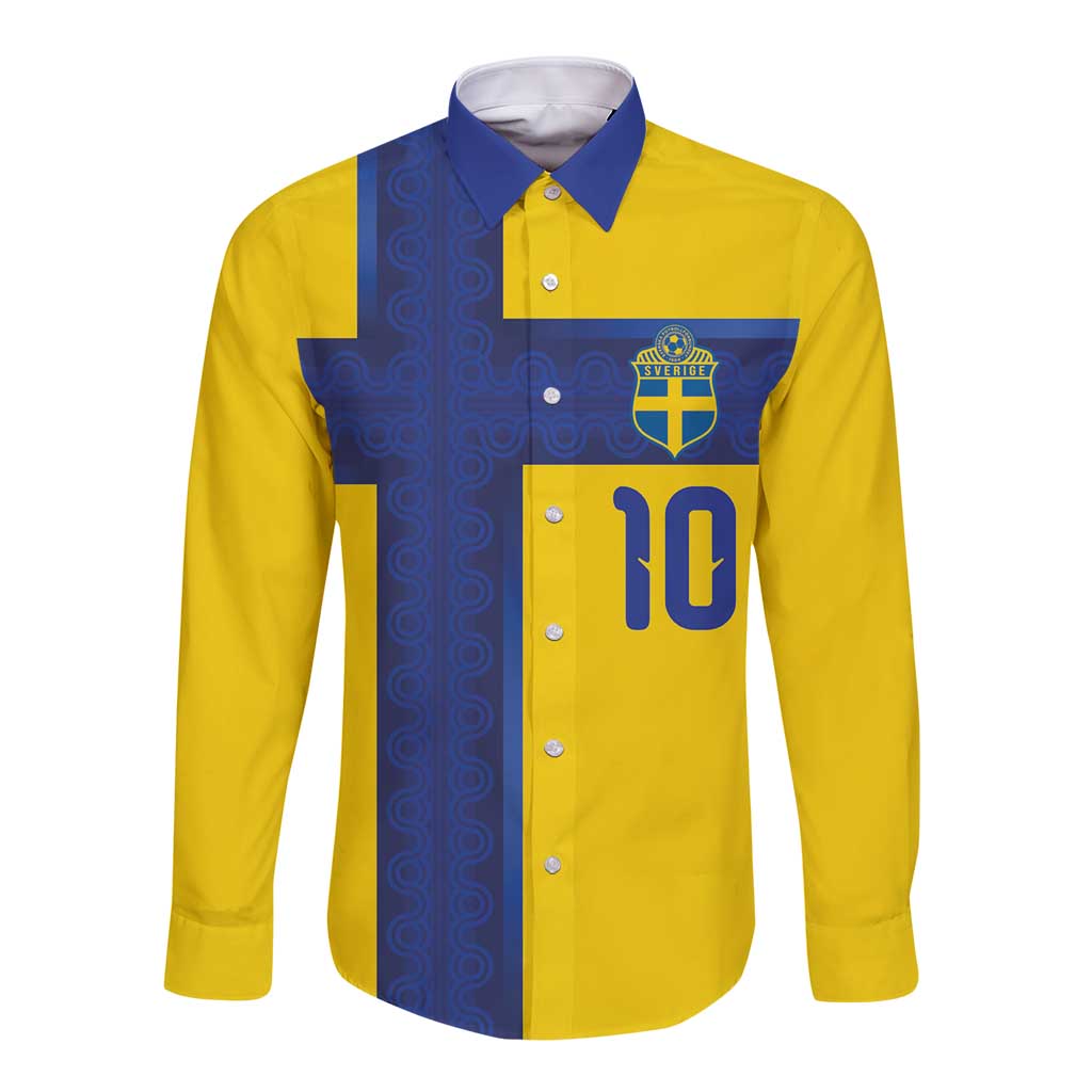 Custom Sweden Sverige Football Long Sleeve Button Shirt Nordic Cross Pattern With Traditional Sverige Heritage Crest