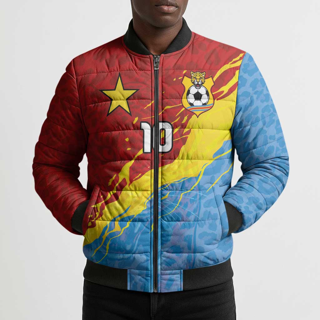 Custom DR Congo Leopards Football Bomber Puffer Jacket Abstract Leopard Pattern With National Colors And Crest