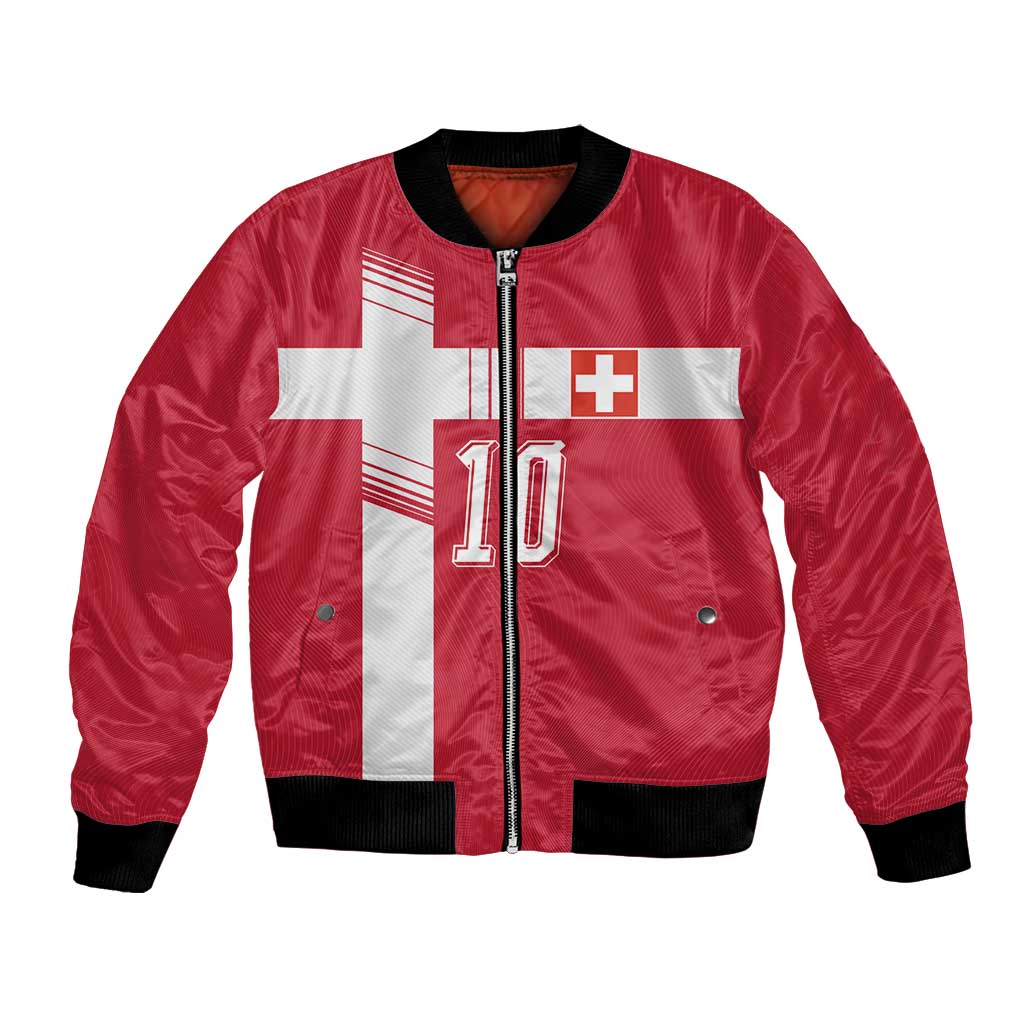 Custom Switzerland National Football Bomber Jacket Abstract Topographic Wave Pattern