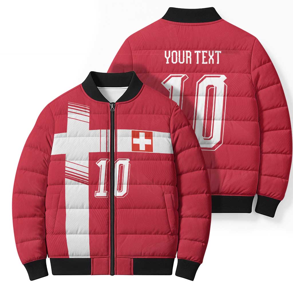 Custom Switzerland National Football Bomber Puffer Jacket Abstract Topographic Wave Pattern