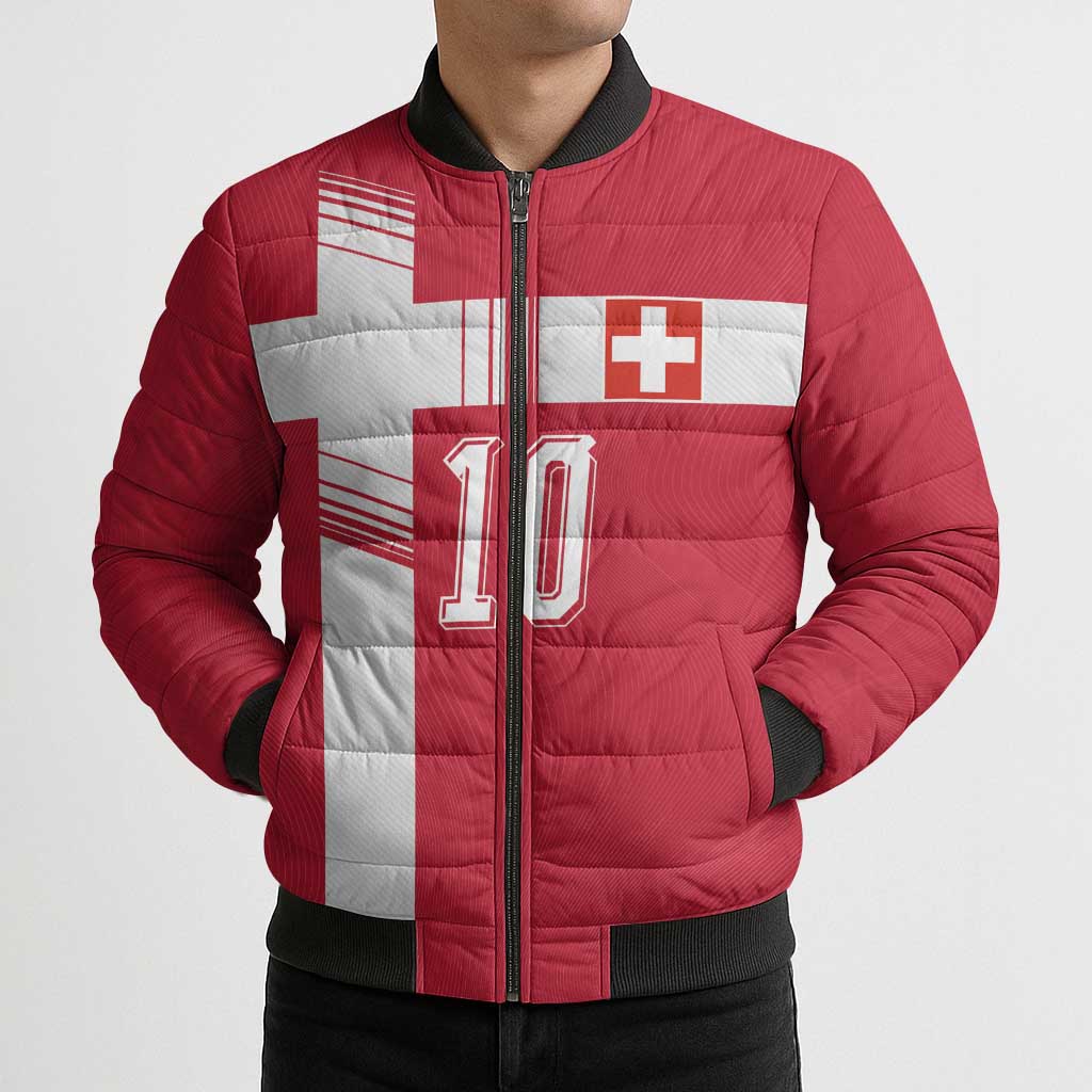 Custom Switzerland National Football Bomber Puffer Jacket Abstract Topographic Wave Pattern